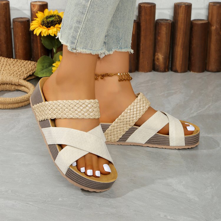 Damen Bequeme Zehentrenner-Sandalen mit geflochtenem Riemendesign und rutschfester Sohle EB