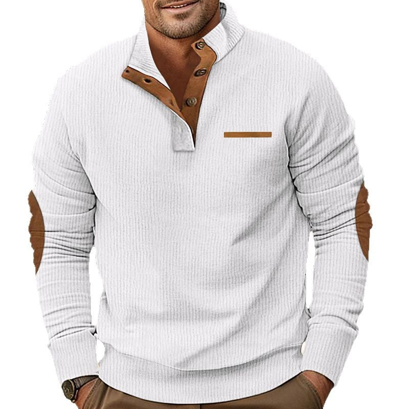 Herren nan strukturiertes Halbknopf-Stehkragen-Pullover mit Wildleder-Ellbogenpatches EB