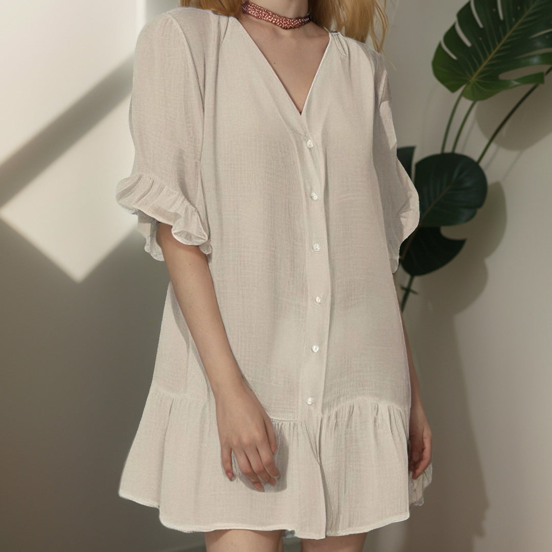 Damen Shirtkleid mit Puffärmeln und Volantabschluss EB