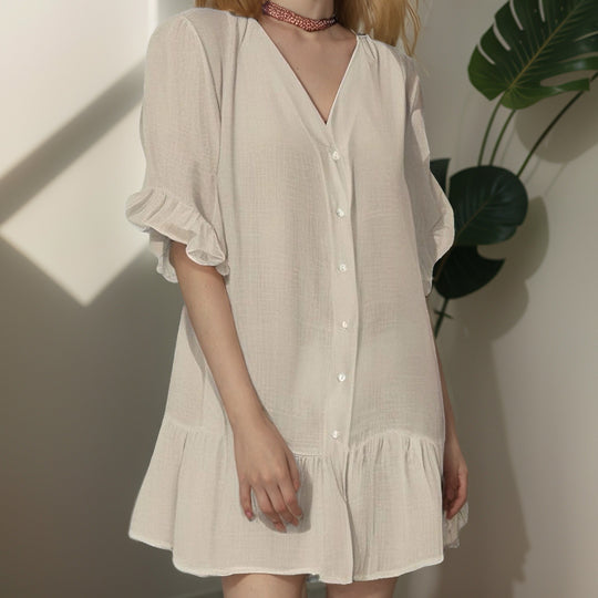 Damen Shirtkleid mit Puffärmeln und Volantabschluss EB