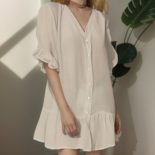 Damen Shirtkleid mit Puffärmeln und Volantabschluss EB