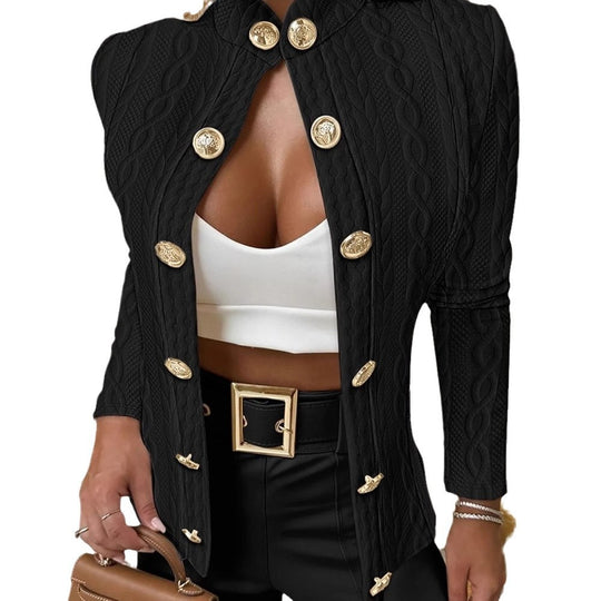 Damen Eleganter Strickblazer mit goldenen Knöpfen und Stehkragen EB