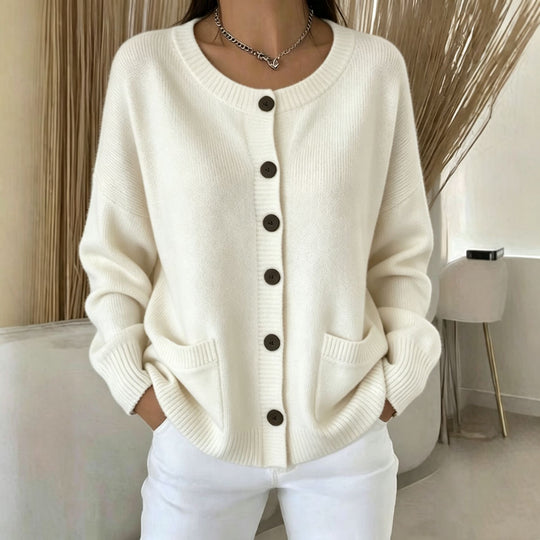 Damen Knopf-Cardigan mit Rundhals, aufgesetzten Taschen und Raglanärmeln EB