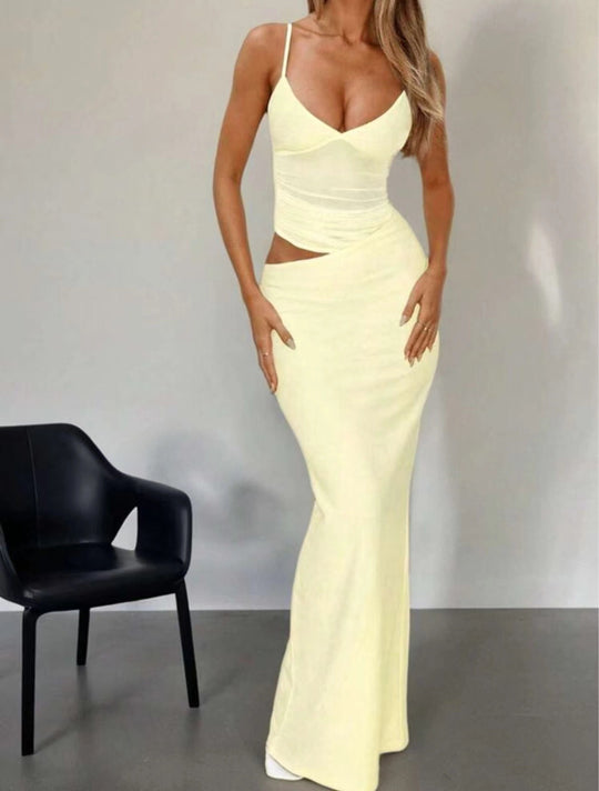 Damen Elegantes Langarm-Maxikleid mit transparentem Detail und figurbetontem Schnitt EB