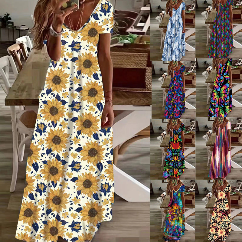 Damen Maxikleid mit stilvollem Blumen- und Tiermotiv EB