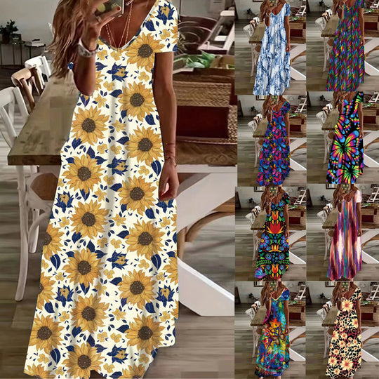 Damen Maxikleid mit stilvollem Blumen- und Tiermotiv EB