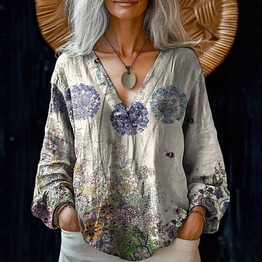Damen Boho-Leinenmischung Tunika-Bluse mit V-Ausschnitt und floraler Aquarellstickerei EB