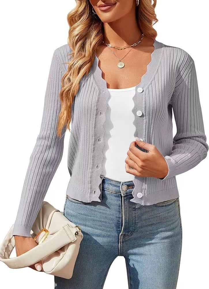 Damen elegante Strickjacke mit Wellenkante EB