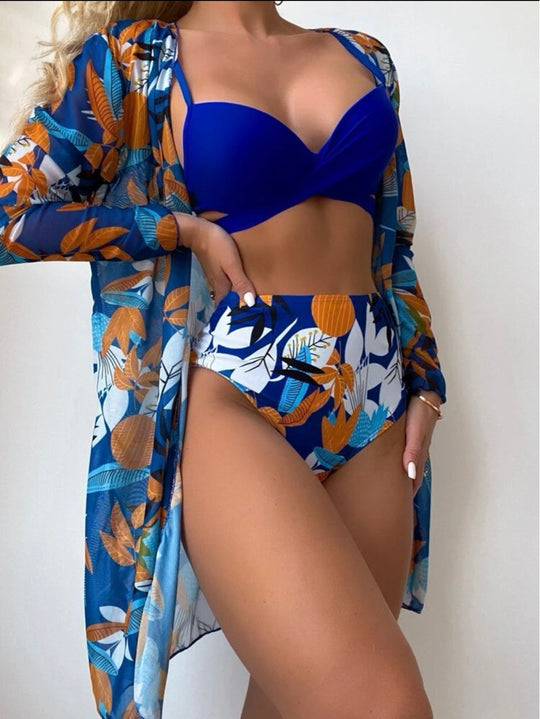 Damen Bikini-Set mit floralem Design und lässiger Überjacke EB