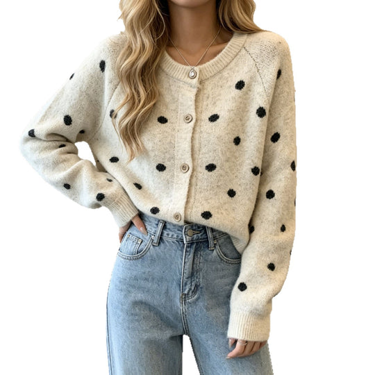 Damen Gepunkteter Mohair‑Optik Button‑Cardigan mit Rundhalsausschnitt EB