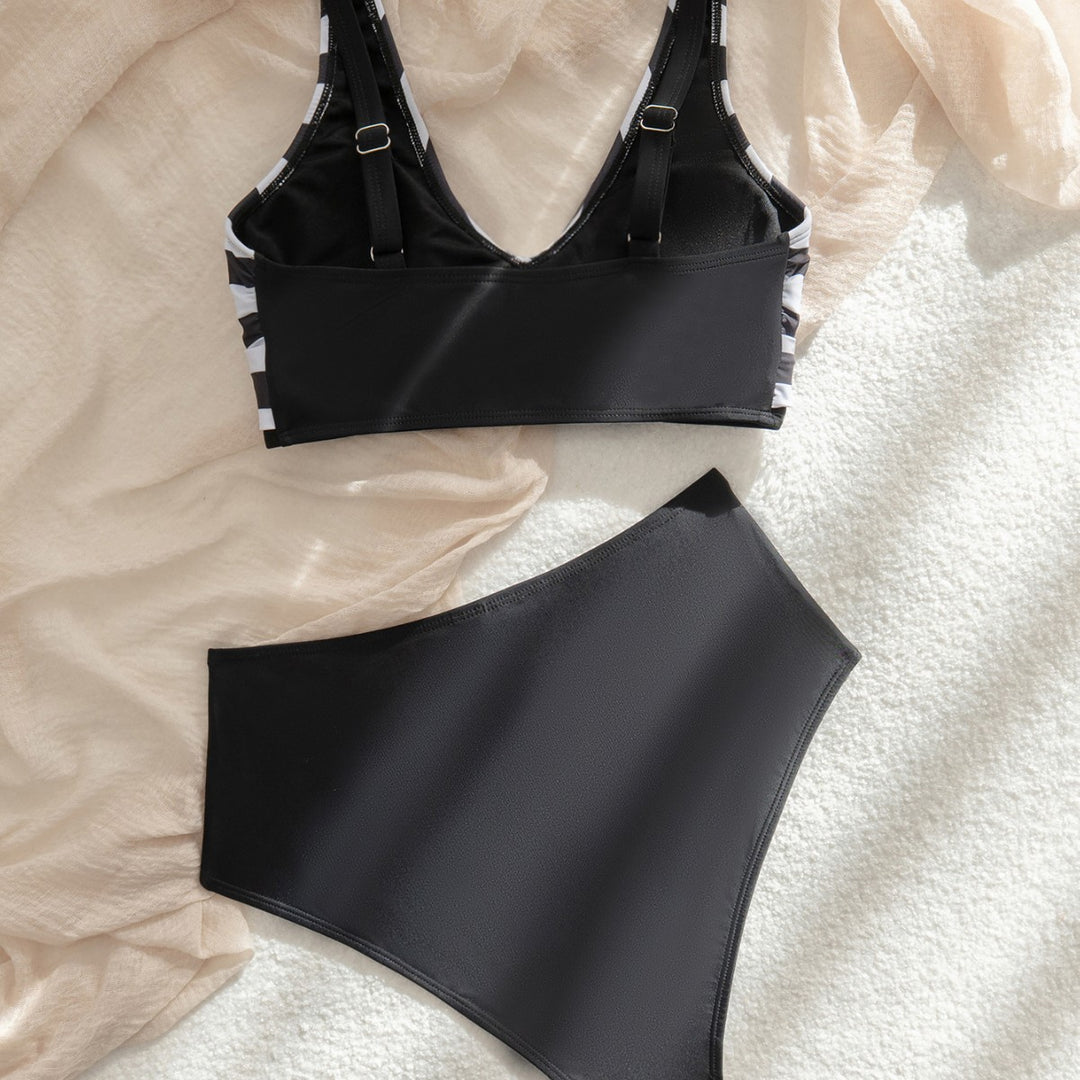 Damen Hoch geschnittenes Badeanzug-Set mit Querstreifen EB