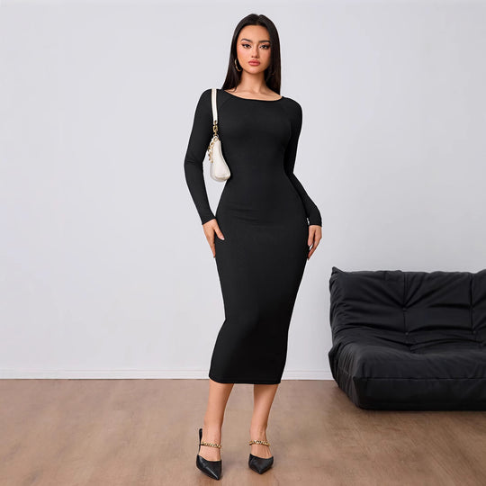 Damen figurbetontes Stretch-Midikleid mit U‑Boot‑Ausschnitt und figurformendem Rippstrick Eichborn Berlin