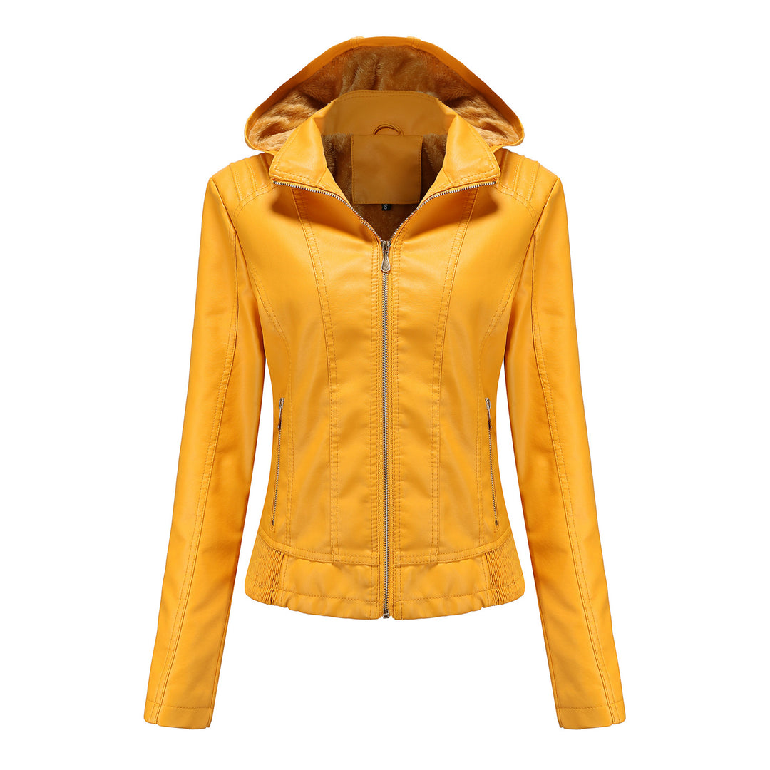 Damen stilvolle Kunstlederjacke mit hochabschließendem Kragen und elastischen Bündchen EB