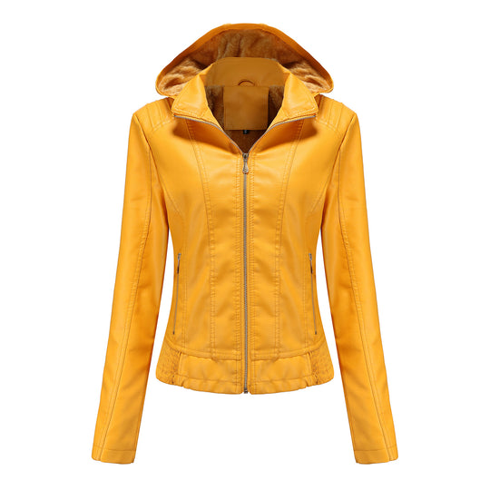 Damen stilvolle Kunstlederjacke mit hochabschließendem Kragen und elastischen Bündchen EB