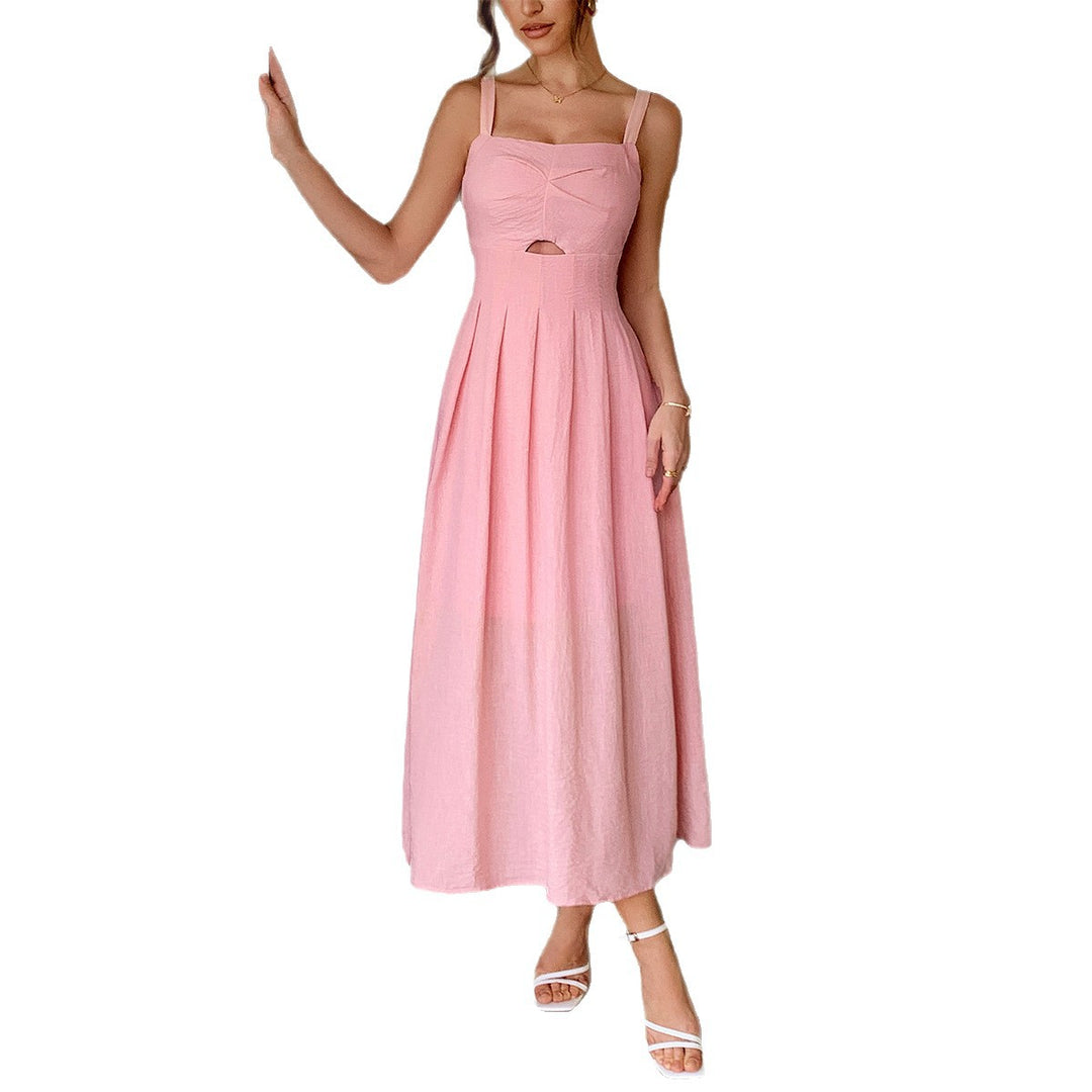 Damen Knielanges Leinenkleid mit ausgestelltem Rock und V-Ausschnitt EB