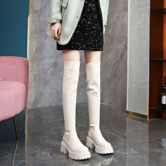 Damen Overknee-Stiefel mit robustem Blockabsatz und elastischem Schaft EB