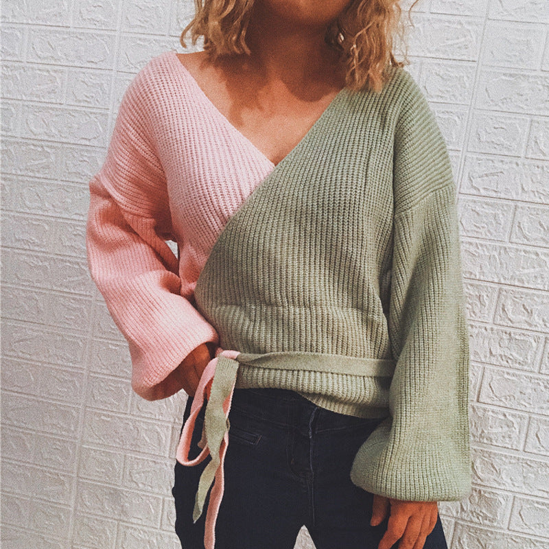 Damen Wickelpullover mit elegantem Rippdesign und modischen Bindebändern EB