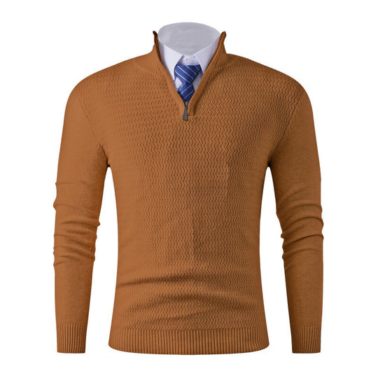 Herren nan feinstrickpullover mit Stehkragen und halbem Reißverschluss, Strukturstrick und schlanker Business-Casual-Passform EB