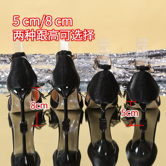 Damen elegante High Heels mit transparentem Fesselriemen und funkelndem Schleifenakzent EB