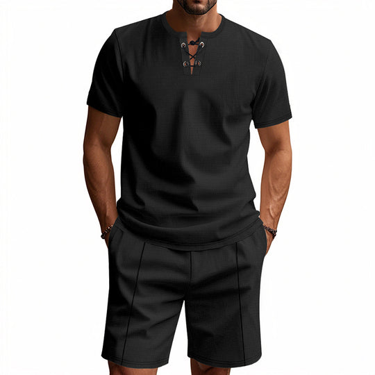 Herren nan kurzärmeliges Schnürkragen-Shirt im Waffeljersey mit Bundfalten-Bermuda EB