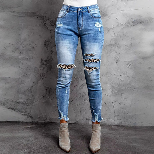 Damen Skinny Jeans im aufregenden Animal-Print mit stylishen Rissen EB