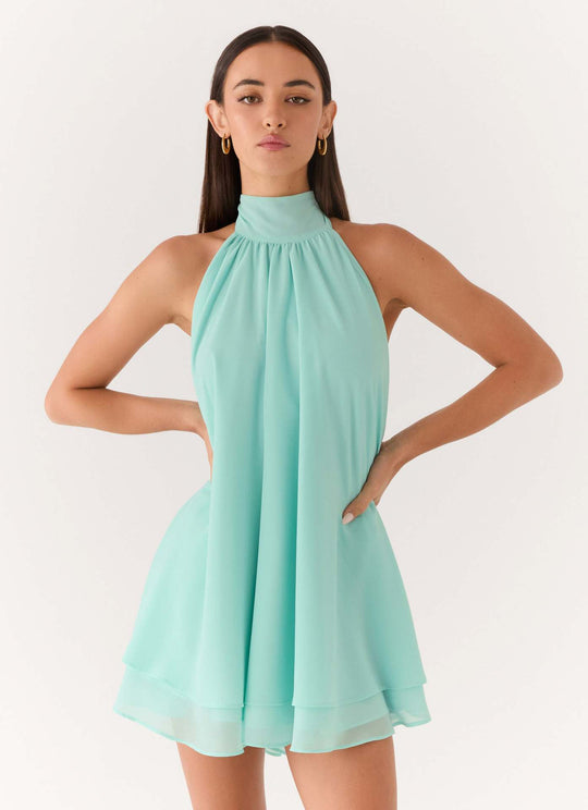 Damen elegantes Hochgeschlossenes Minikleid mit fließendem Stoff und verspieltem Volant EB