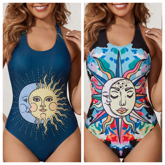 Damen Einteiliger Badeanzug mit originellem Sonnen-Mond-Design EB