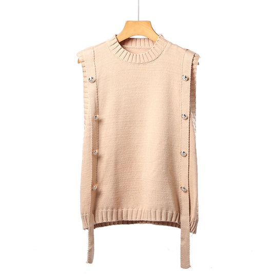 Damen Strickweste mit Knopfverschlüssen und seitlichen Bändern EB