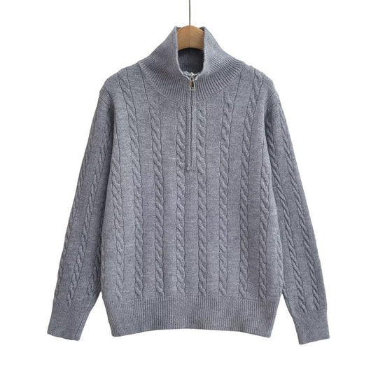 Damen Strickpullover mit kurzem Reißverschluss und Zopfmuster EB