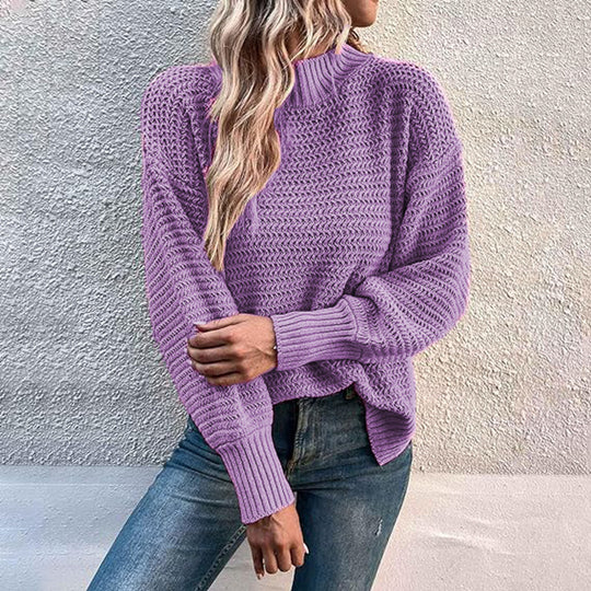 Damen Grobstrickpullover mit hohem Kragen und ballonförmigen Ärmeln EB