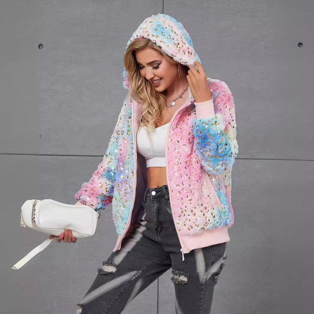 Damen Flauschige Kapuzenjacke mit glitzernden Akzenten EB