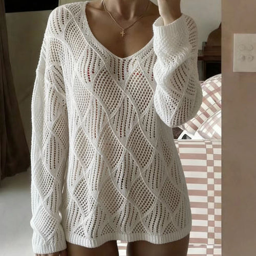 Damen elegantes Strickoberteil mit V-Ausschnitt und modischem Lochmuster EB