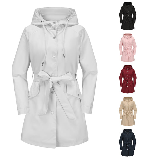 Damen wasserfeste Übergangsjacke mit verstellbarem Kapuzenkragen und Taillengürtel EB