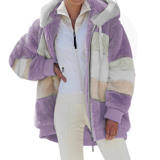 Damen nan oversized Kunstfell-Patchwork Kapuzenjacke mit Rippbündchen und Zweiwege-Reißverschluss EB