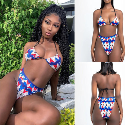 Damen Bikinis mit hohen Beinausschnitten und geometrischem Muster EB