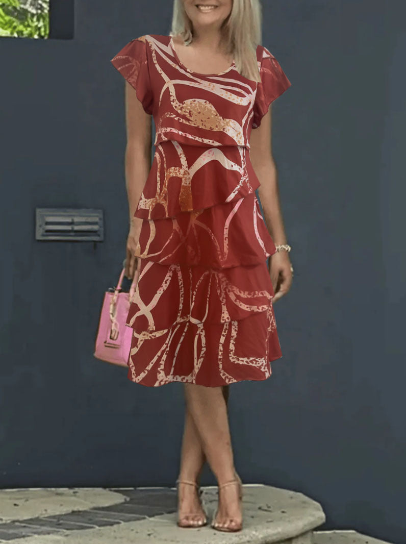 Damen fließendes Wickelkleid mit elegantem Layering und einzigartigem Muster EB