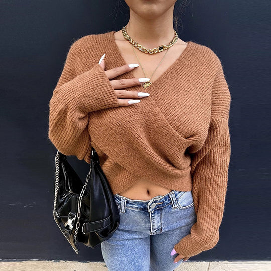 Damen Gemütlicher Strickpullover mit modernem Wickeldesign EB