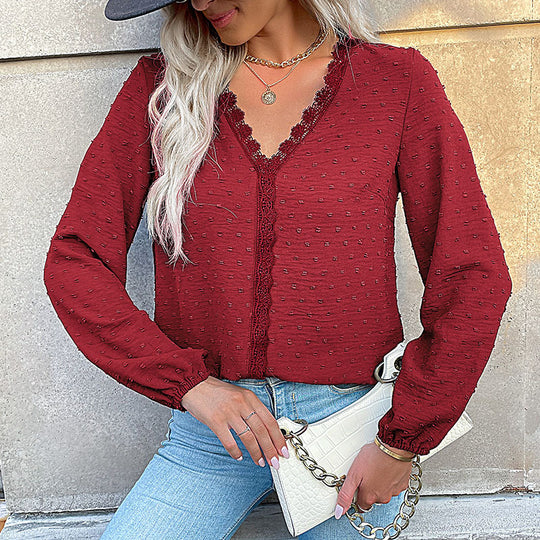 Damen Bluse mit feinen Strukturdetails und romantischem Spitzeneinsatz EB