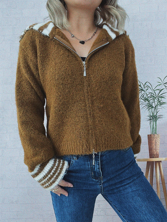 Damen kuschelige Strickjacke mit stilvollem Reißverschluss und modischen Streifen EB