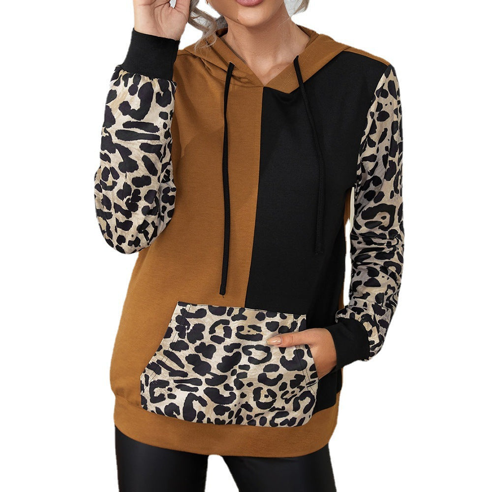 Damen Kapuzenpullover mit auffälligem Leopardenmuster und Farbblockdesign EB