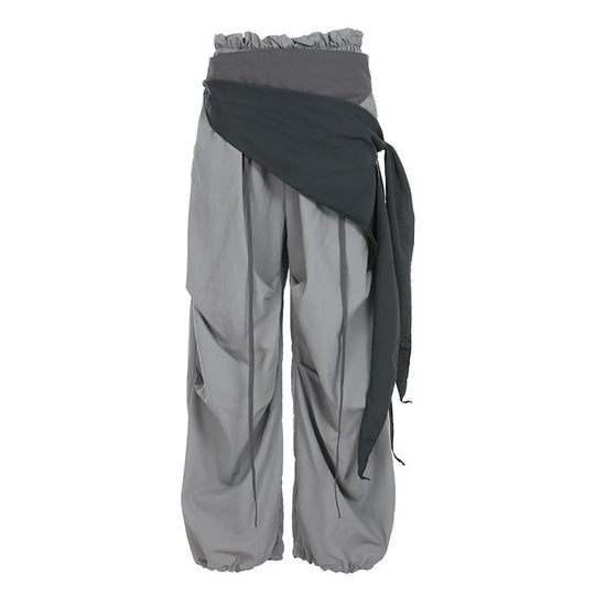 Damen modische High-Waist-Hose mit asymmetrischem Design und seitlichem Bindegurt EB