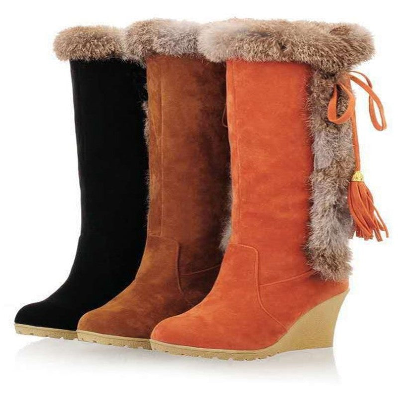 Damen Wedge-Stiefel mit kuscheligem Kunstfell und modischen Quasten EB