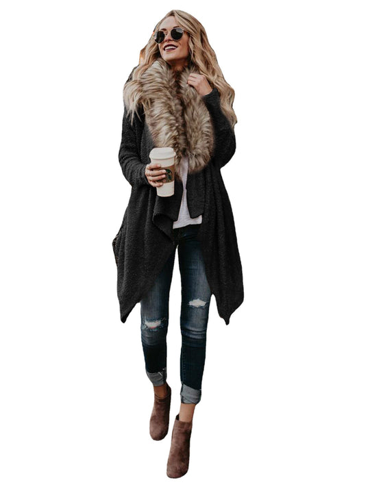 Damen Gemütlicher Strickcardigan mit luxuriösem Fellkragen und asymmetrischem Schnitt EB