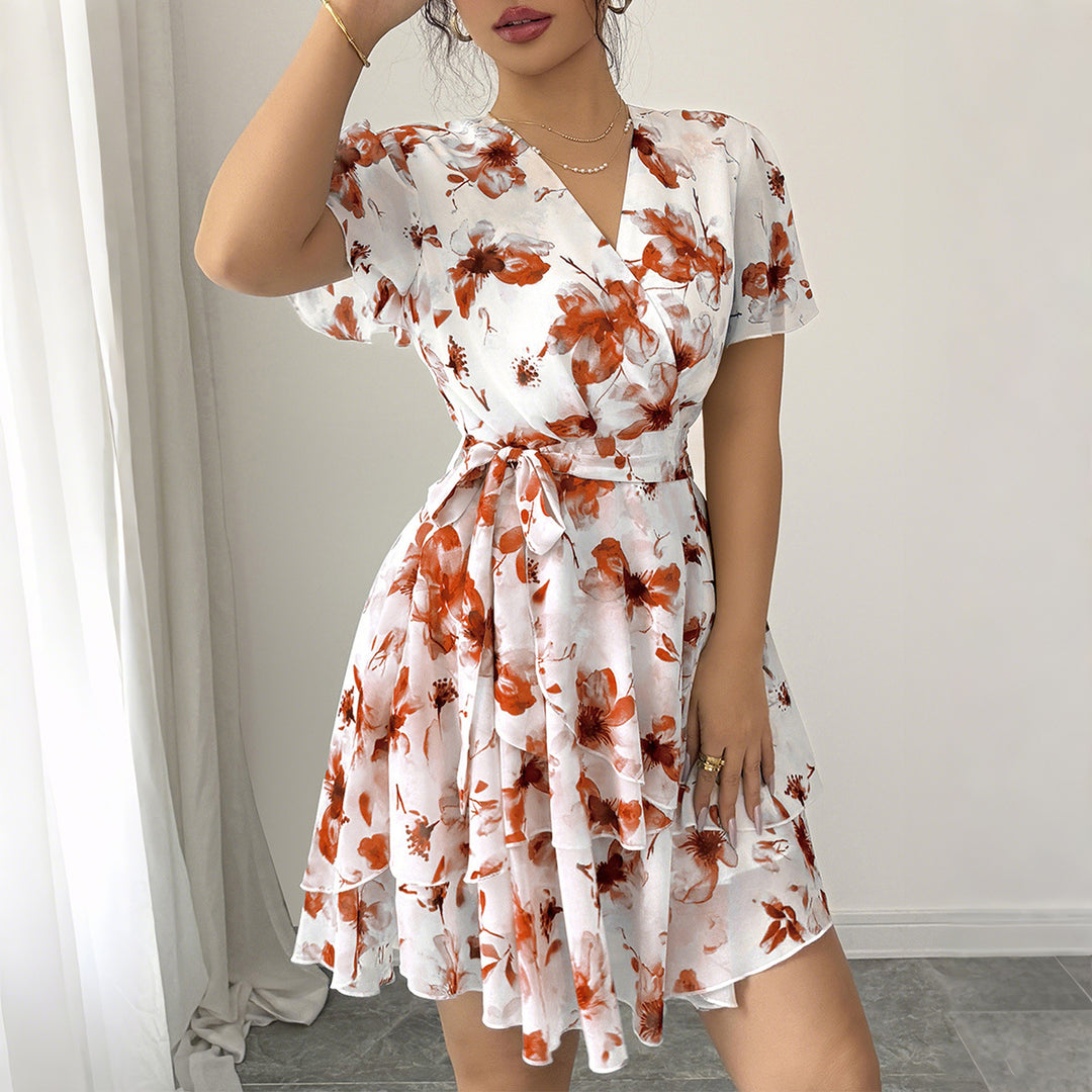 Damen Wickelkleid mit floralem Muster und schwingendem Rock EB