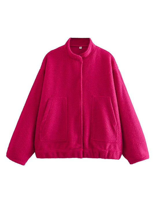 Damen modische Oversized-Jacke mit Stehkragen und seitlichen Taschen EB