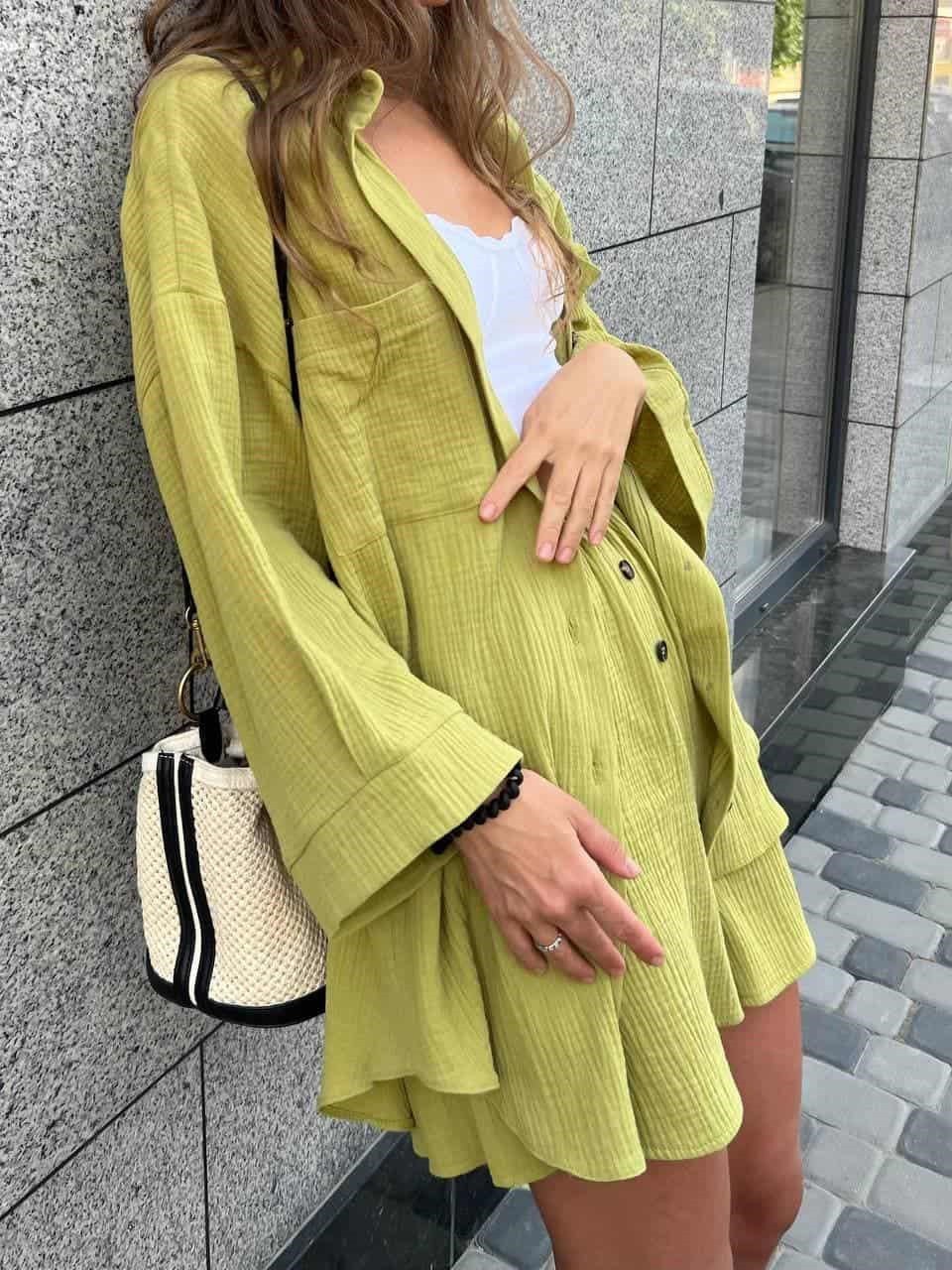 Damen nan lässiges Musselin-Zweiteiler Set mit Oversize-Hemd und elastischer Highwaist-Shorts EB