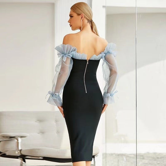 Damen Figurbetontes Cocktailkleid mit transparenten Puffärmeln und elegantem V-Ausschnitt EB