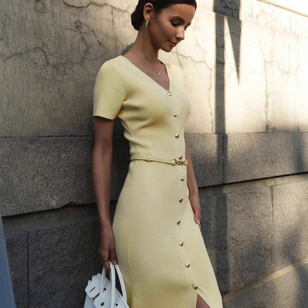 Damen Midi-Kleid mit strukturiertem Rippdesign und Knopfleiste EB