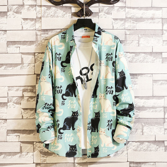 Herren nan langärmliges Hemd mit offenem Reverskragen, kontrastivem Blumenprint und lässiger Regular-Fit Silhouette EB