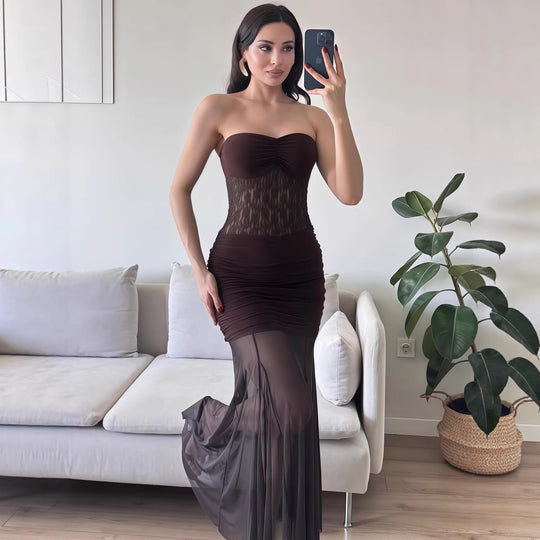 Damen Elegantes bodenlanges Kleid mit Spitzenakzenten EB